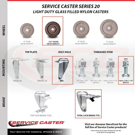 Service Caster 3.5 Inch High Temp Glass Filled Nylon 10mm Stem Caster Set Total Lock Brake SCC SCC-TSTTL20S3514-GFNSHT-M1015-4